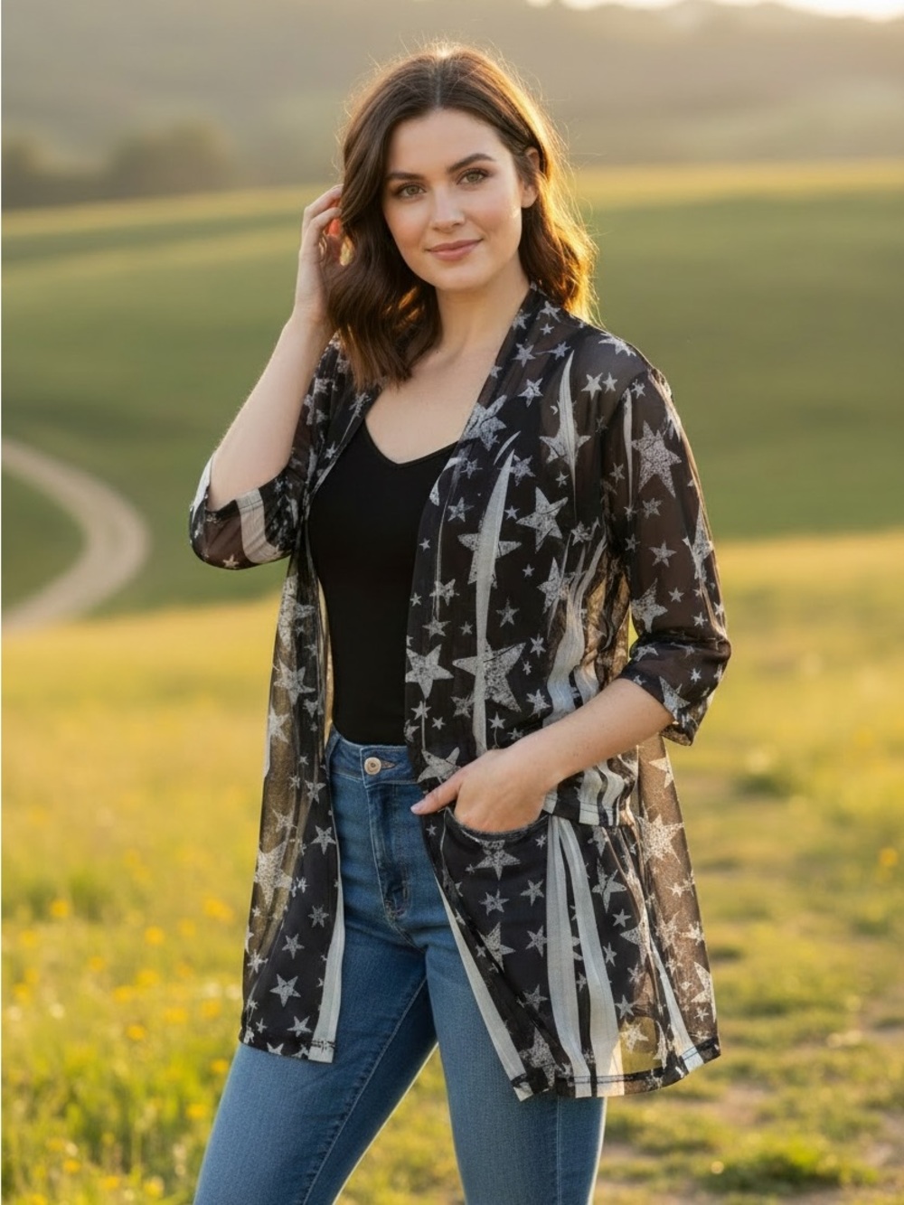 Origami New Star-Print Sheer Hoodie Jacket - Black/Silver Mesh